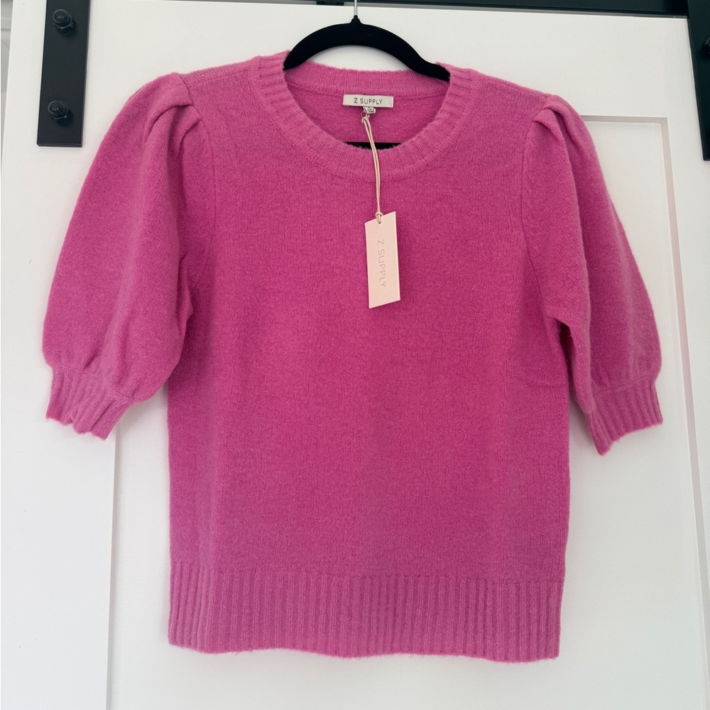 Z Supply Hot Pink Puff Sleeve Crewneck Sweater